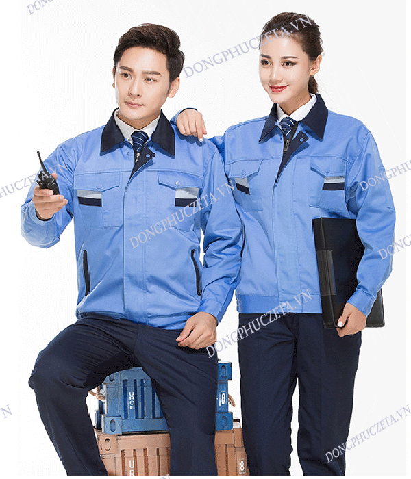 Quần áo đồng phục kỹ thuật tòa nhà dài tay màu xanh dương phối tím than