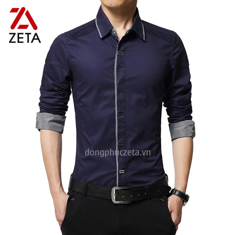 sơ mi công sở nam màu xanh navy tím than may bấu ly vai