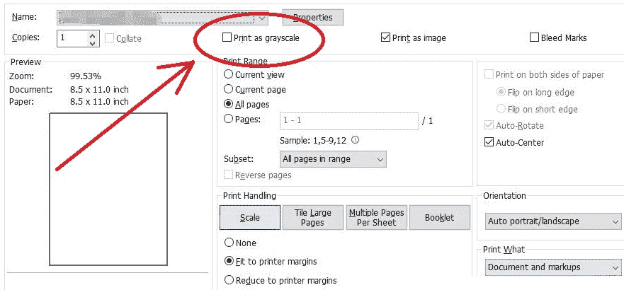 chế độ in Print as grayscale