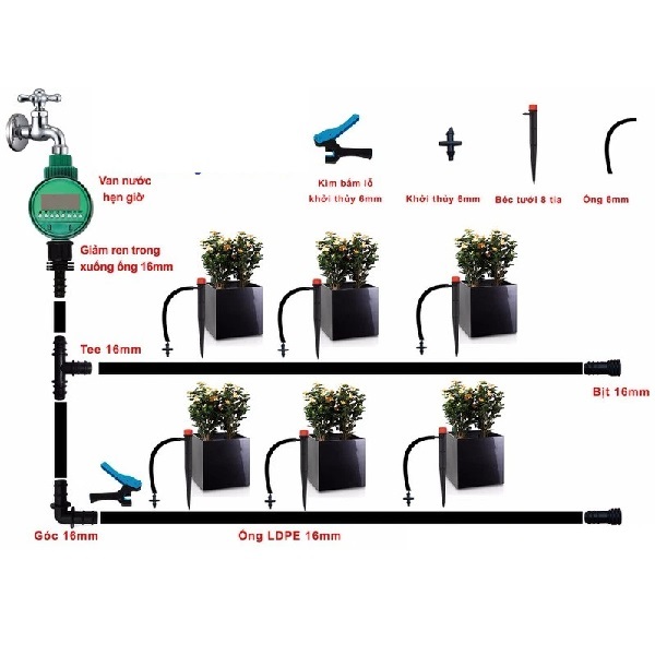 Bộ tưới nhỏ giọt tự động chạy bằng pin cho ban công 10 chậu cây