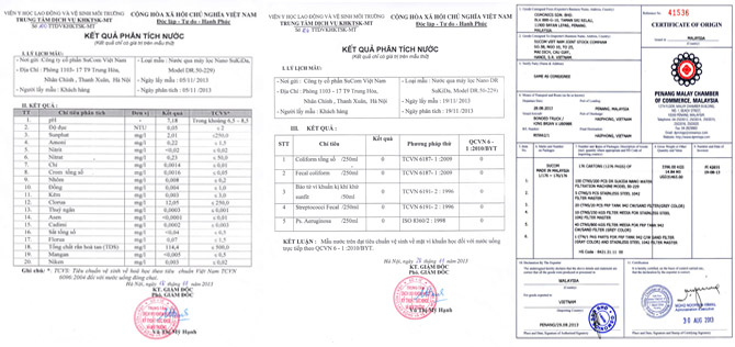 giấy chứng nhận chất lượng cho máy lọc nước Nano Dr SUKIDA