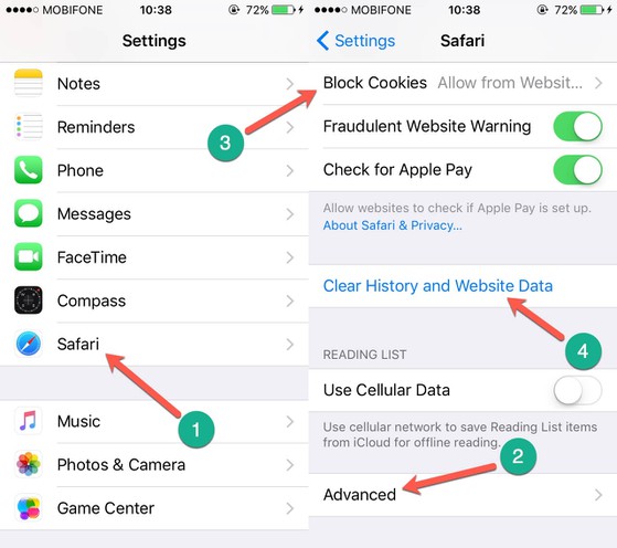 Xoá lịch sử trang web Safari trên iphone 5, iphone 6