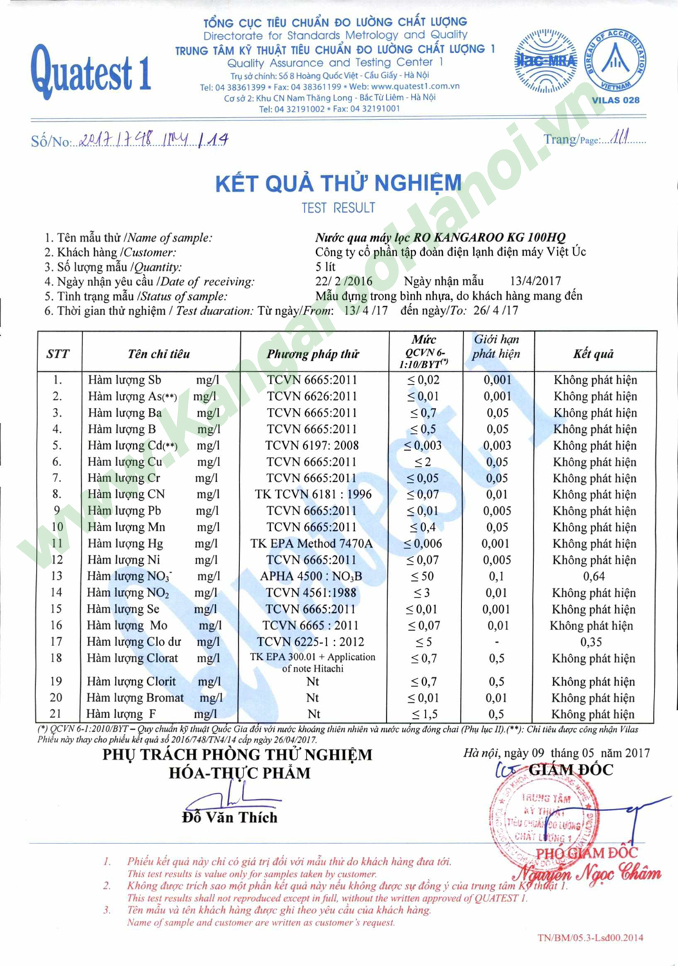 kết quả kiểm tra Hóa - thực phẩm Máy lọc nước Kangaroo hydrogen KG100HQ