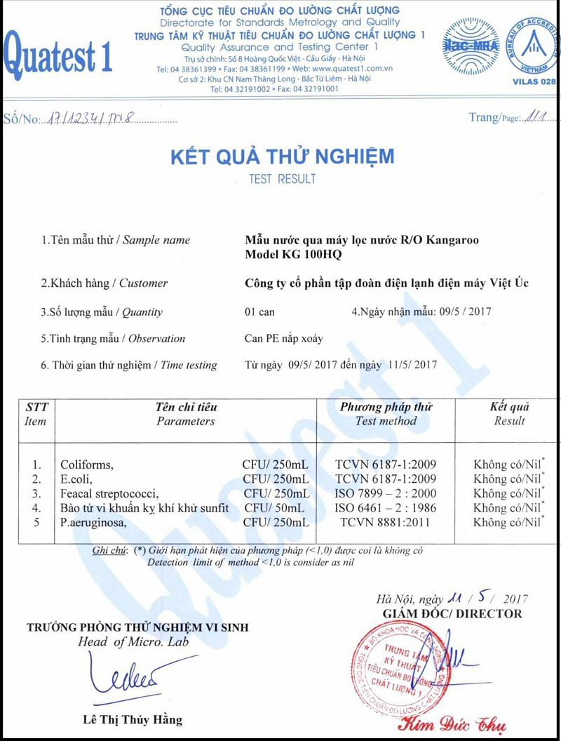 kết quả test nước 2 Máy lọc nước Kangaroo Hydrogen KG100HQ