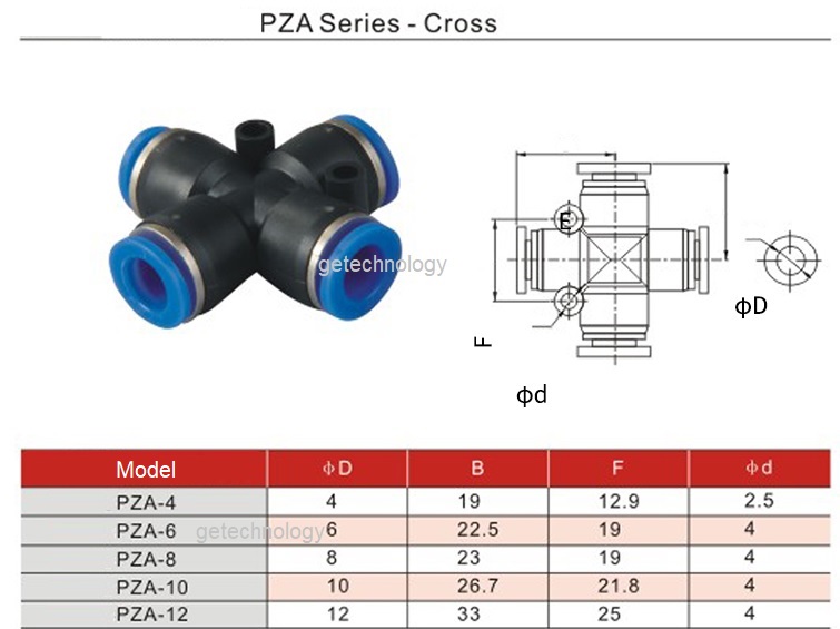 Đầu nối khí nén T4, đầu nối ngã 4 PZA4-4 PZA6-6 PZA8-8 PZA10-10 PZA12-12