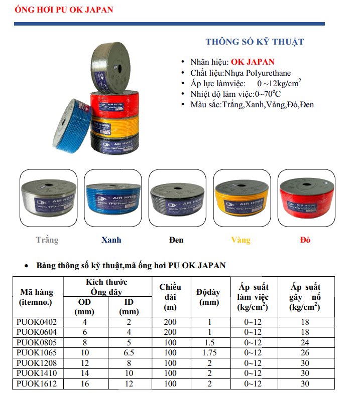 Ống dây khí nén PU màu trắng và xanh dương, đen, đỏ, vàng có sẵn phi 4,6,8,10,12,14,16mm - hãng OK liên doanh Việt Nhật