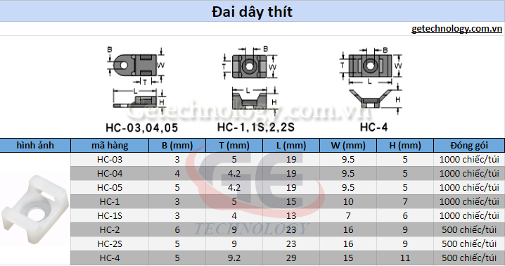 Đai dây thít, đế cố định dây thít, gối đỡ dây thít HC-1, HC-2S, HC-04, HC-4, HC-05, HC-2