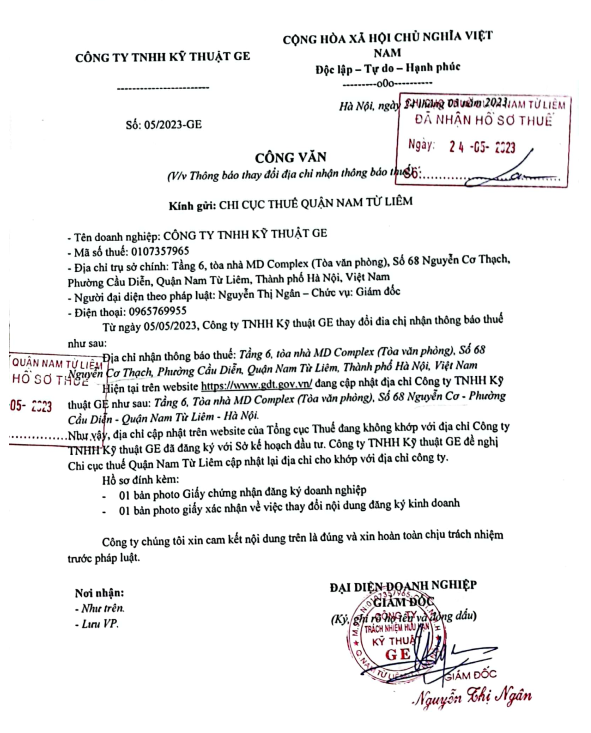 THÔNG BÁO VỀ VIỆC TRA CỨU HỒ SƠ ĐỊA CHỈ CÔNG TY TNHH KỸ THUẬT GE TRÊN TỔNG CỤC THUẾ