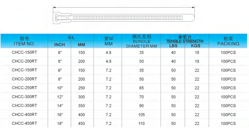Dây thít nhựa, dây rút nhựa, dây lạt nhựa, dây buộc cáp CHCC-150RT, CHCC-200RT, CHCC-150RT, CHCC-200RT, CHCC-300RT, CHCC-350RT, CHCC-400RT, CHCC-450RT
