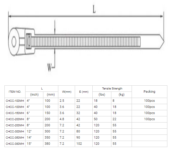 Dây thít nhựa, dây rút nhựa, dây lạt nhựa, Dây buộc cáp Nylon CHCC-100MH, CCHC-150MH,CCHC300MH, CCHC-350MH, CCHC-380MH