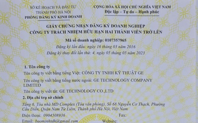 ĐĂNG KÝ KINH DOANH - BIỂN BẢNG TRỤ SỞ CÔNG TY TNHH KỸ THUẬT GE