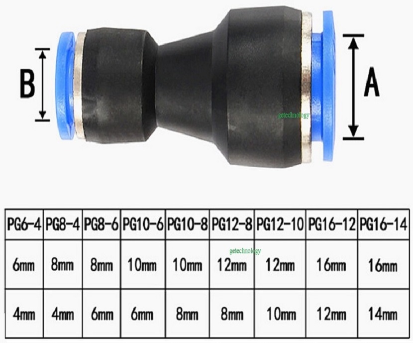 Đầu nối lệch, cút nối nhanh lệch đầu, Đầu nối nhanh chuyển đổi PG6-4 PG8-6 PG10-8 PG12-10 PG8-4 PG10-6 PG12-8 PG16-12