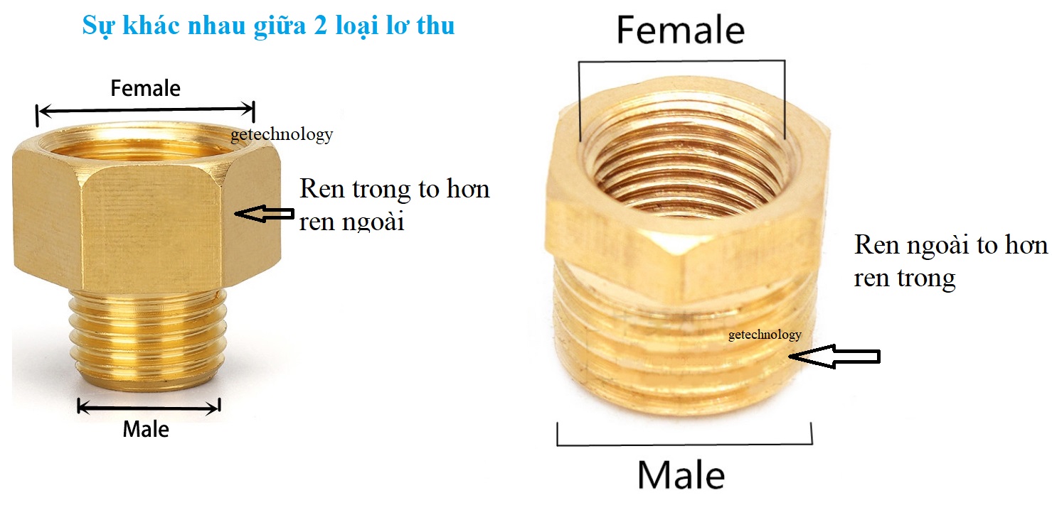 Lơ đồng, Lơ thu đồng ren trong ren ngoài hệ G - Bằng đồng (Brass Adaptor female to male) cà rá ngược, khớp nối ren đồng, đầu nối ren đồng