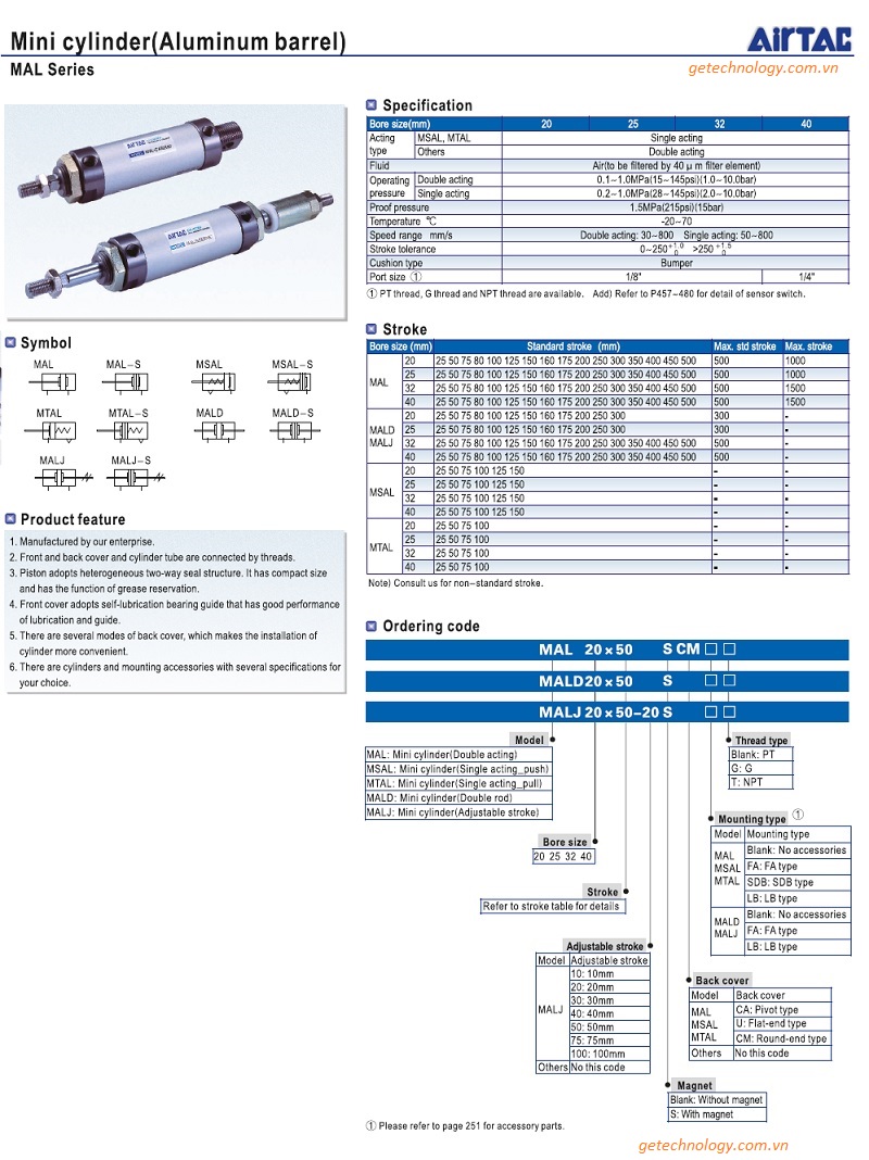 thiết bị khí nén Airtac - Xy lanh dòng MAL