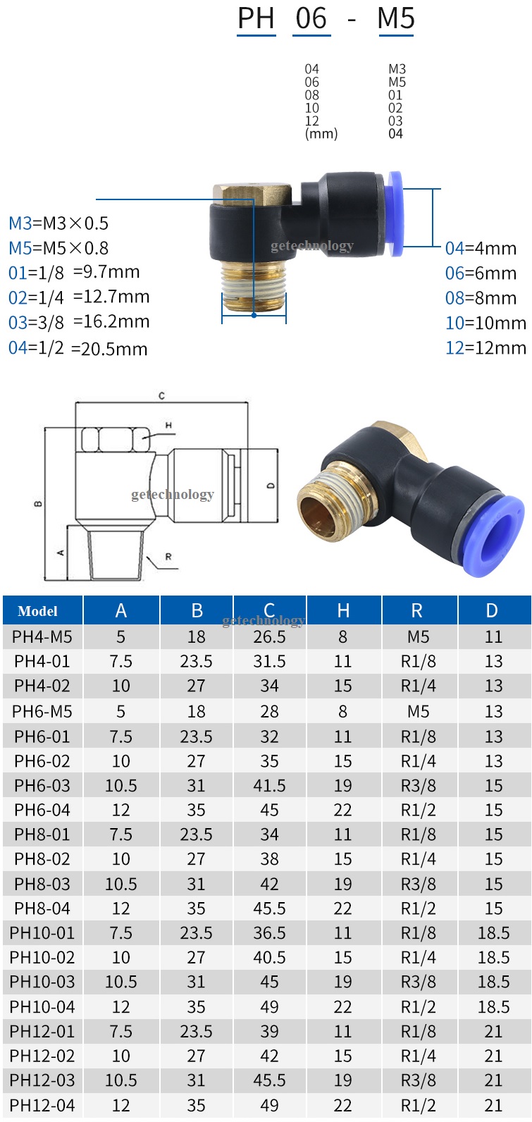 Đầu nối khí PH, Đầu nối nhanh PH, cút nối khí PH, Cút khí PH, đầu nối PH, Cút nối PH