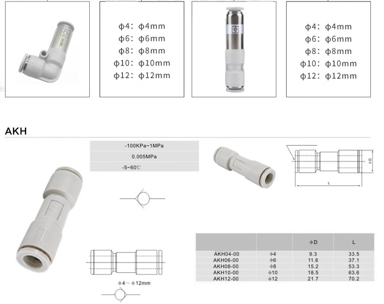 Đầu nối khí một chiều AKH, SPV, SPU, Van một chiều AKH04/06/08/10/12, van một chiều góc vuông SPV04/06/08/10/12, van một chiều thẳng SPU04/06/08/10/12