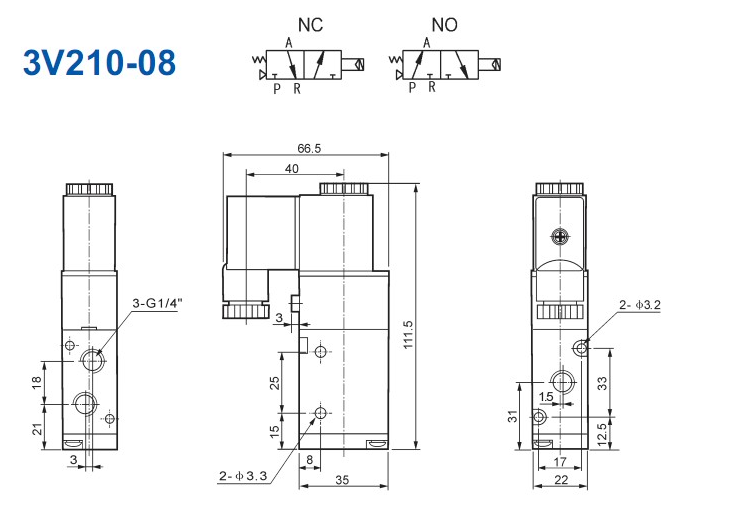 Van điện từ khí nén 3V210-08-NO Airtac DC24V (thường mở)