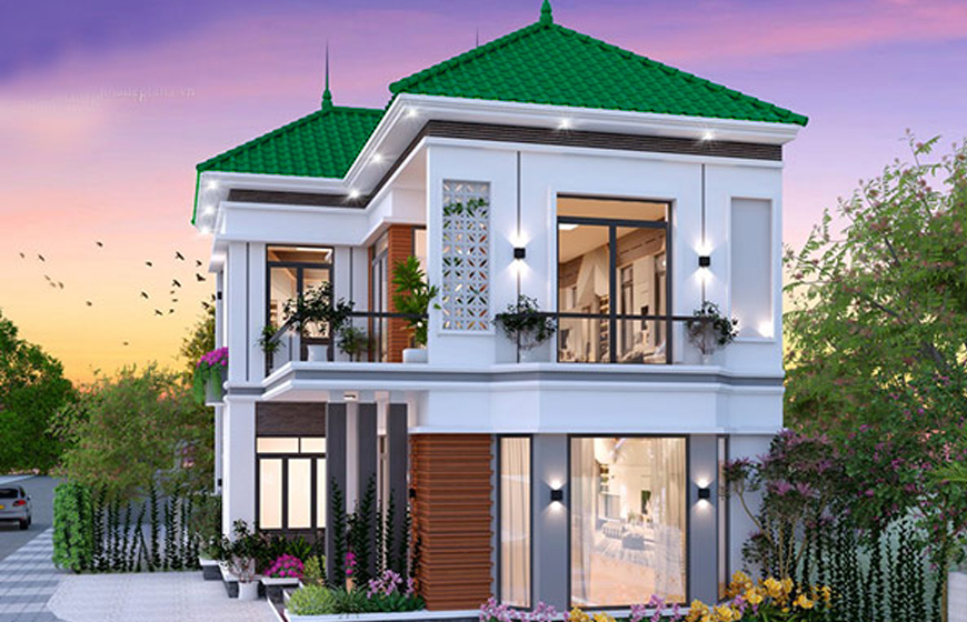 Mẫu nhà 2 tầng lợp mái chữ L xanh rêu