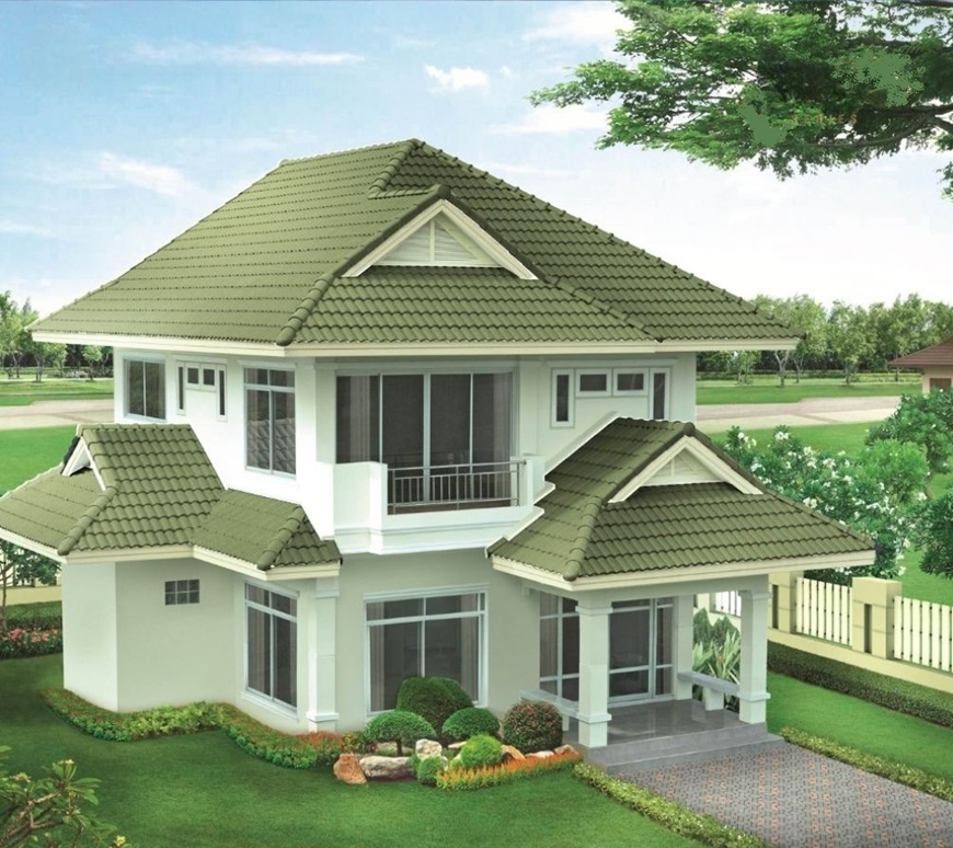 Mẫu nhà 2 tầng mái châu Âu xanh rêu