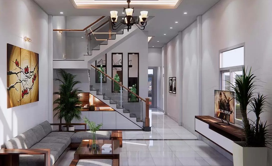 Nếu cầu thang đặt đối diện trực tiếp với cửa chính, luồng khí sẽ đi thẳng lên tầng trên, không kịp lan tỏa đều ở tầng trệt