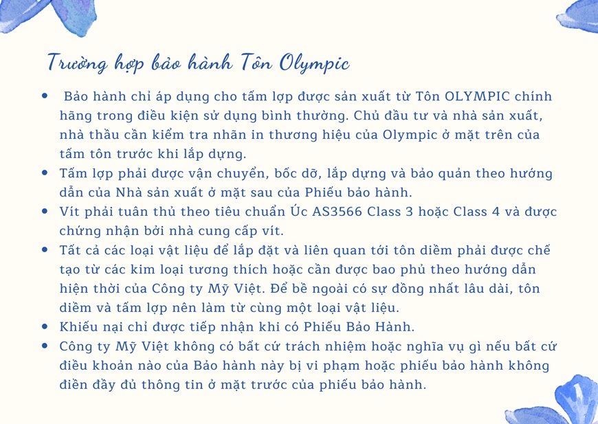 Các trường hợp áp dụng bảo hành Tôn kim cương Olympic