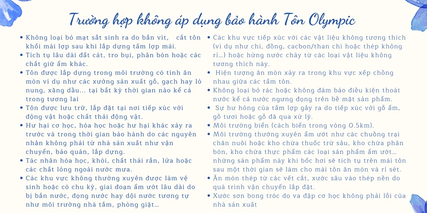 Các trường hợp không áp dụng bảo hành Tôn kim cương Olympic