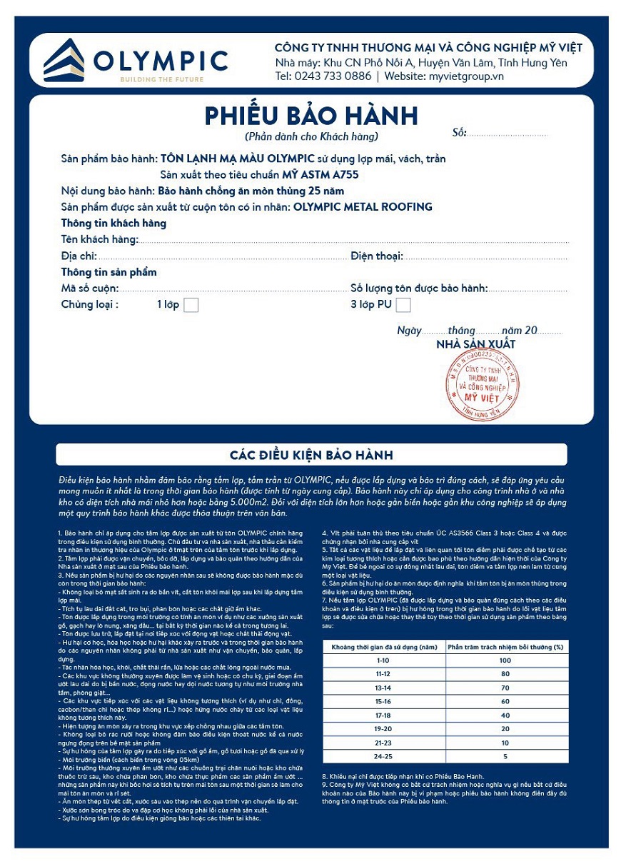Nội dung trên tờ phiếu bảo hành tôn Olympic