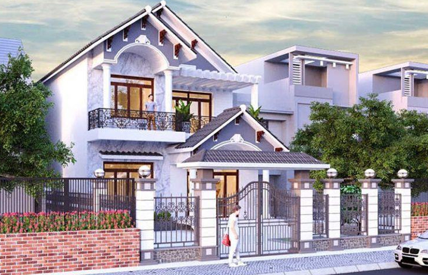 Mẫu nhà 2 tầng mái thái ghi xám tân cổ điển