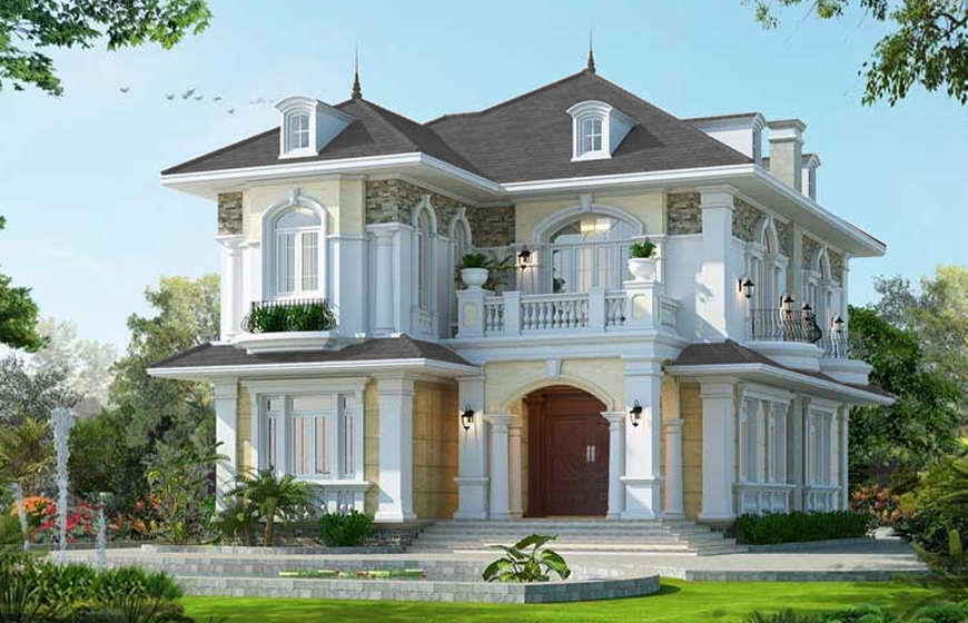 Mẫu nhà 2 tầng mái tôn ghi xám châu Âu