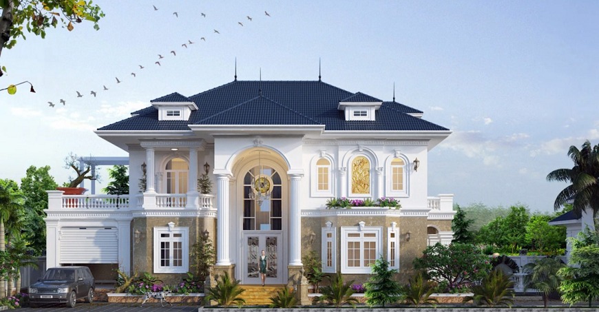 Thiết kế biệt thự tân cổ điển sử dụng tôn lợp mái xanh đen kim cương sang trọng