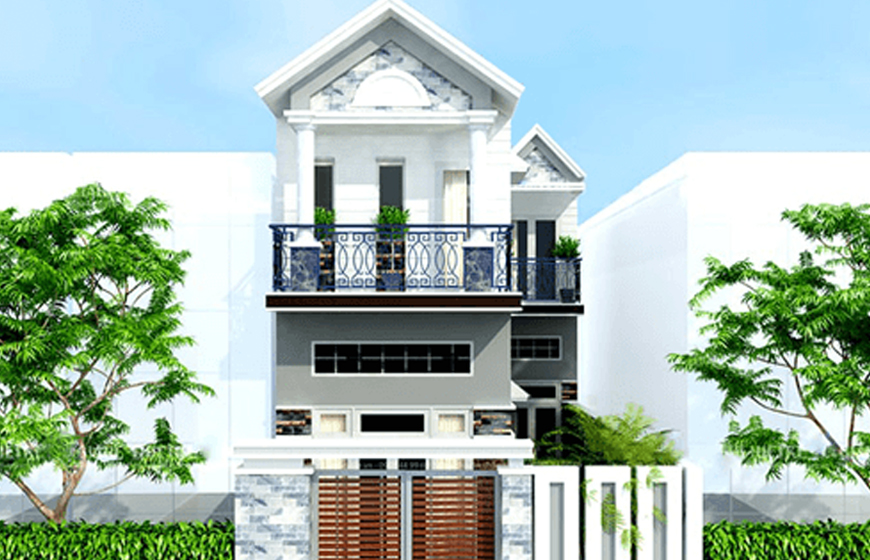 Thiết kế nhà 2 tầng mái lửng trắng sữa