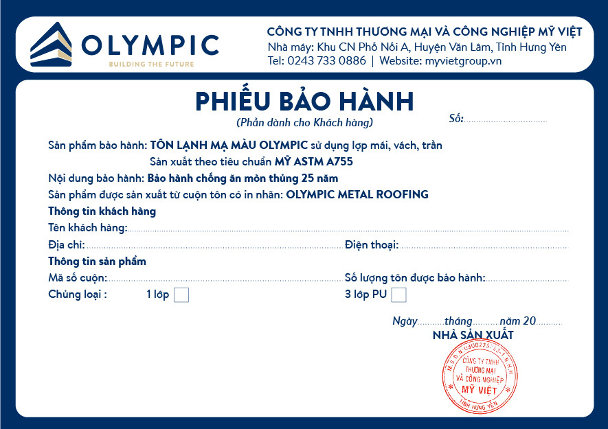 Khi mua sản phẩm tôn Olympic khách hàng sẽ nhận được phiếu bảo hành lên tới 25 năm