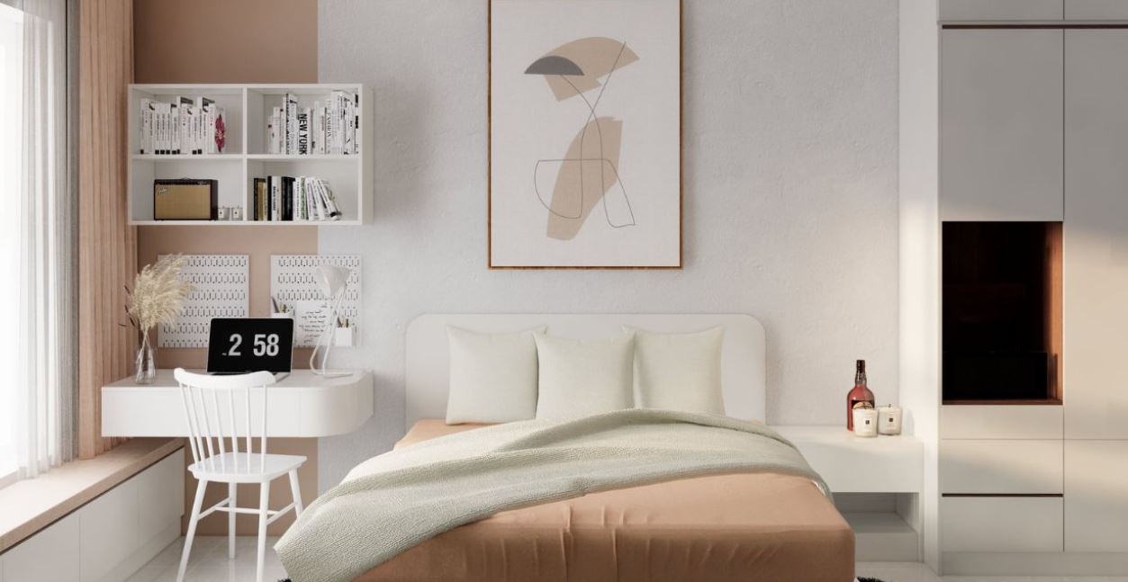 Phòng ngủ với cửa sổ to, thoáng, tạo sự bừng sáng cho căn phòng