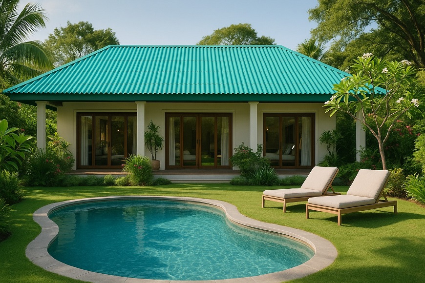 Mái nhà cấp 4 kết hợp sân vườn lợp tôn Olympic xanh ngọc, tông màu dịu mát giúp không gian sống thêm dễ chịu