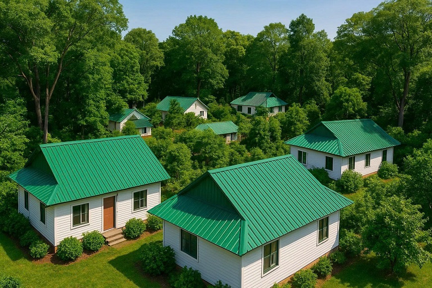 Thiết kế nhà với tôn lợp mái màu xanh và bao quanh bởi vườn cây là lựa chọn hoàn hảo cho vùng khí hậu nhiệt đới