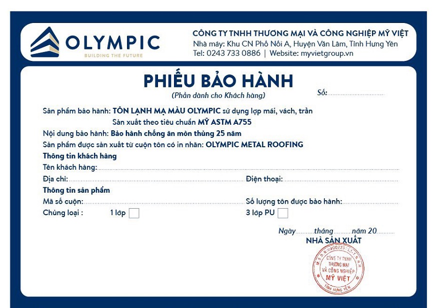 Điền đầy đủ các thông tin trong phiếu bảo hành có con dấu đỏ của Mỹ Việt và kèm theo tình trạng hư hỏng của tôn
