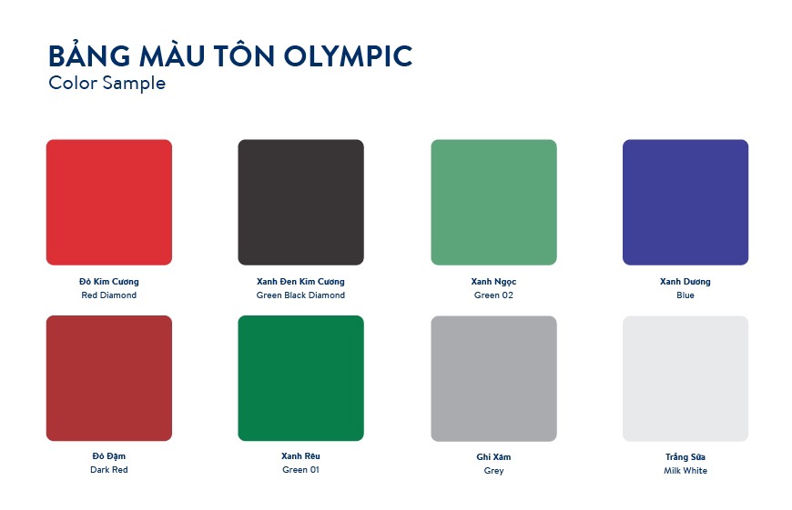 Bảng màu tôn Olympic với đa dạng các màu sắc từ trầm ấm đến rực rỡ, nhẹ nhàng sang trọng