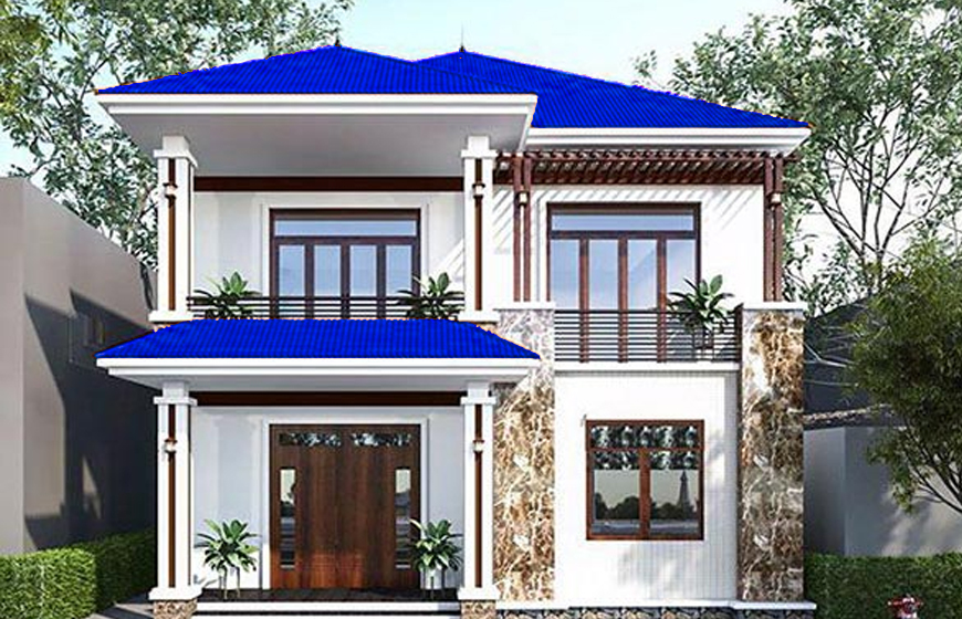 Nhà ống 2 tầng đơn giản lợp mái xanh dương