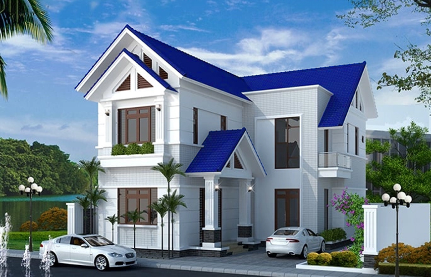 Nhà 2 tầng mái chữ L màu xanh dương