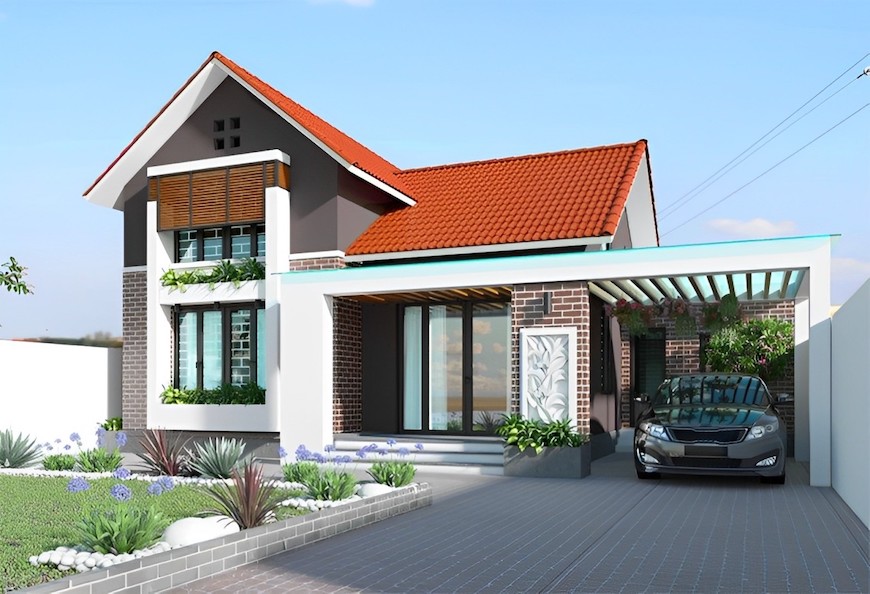 Nhà cấp 4 có gara ô tô ốp gạch mới lạ