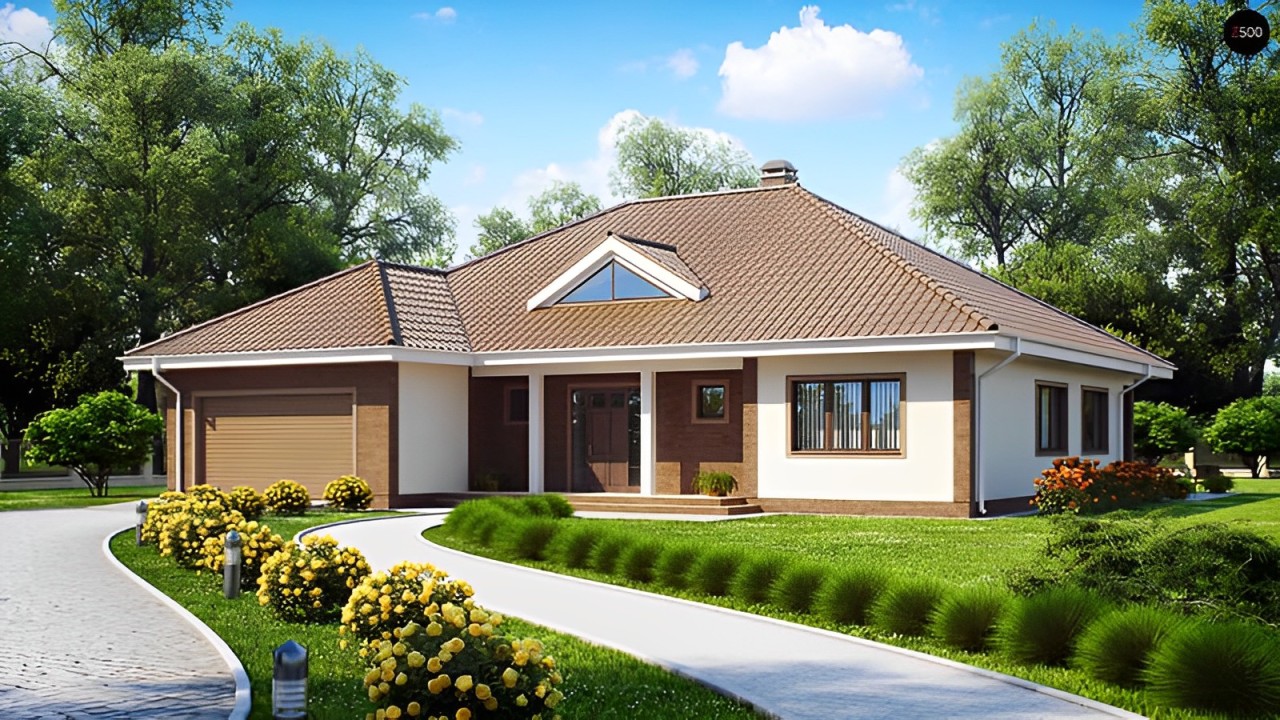 Nhà cấp 4 có gara ô tô kiểu châu Âu mái thái có sân vườn