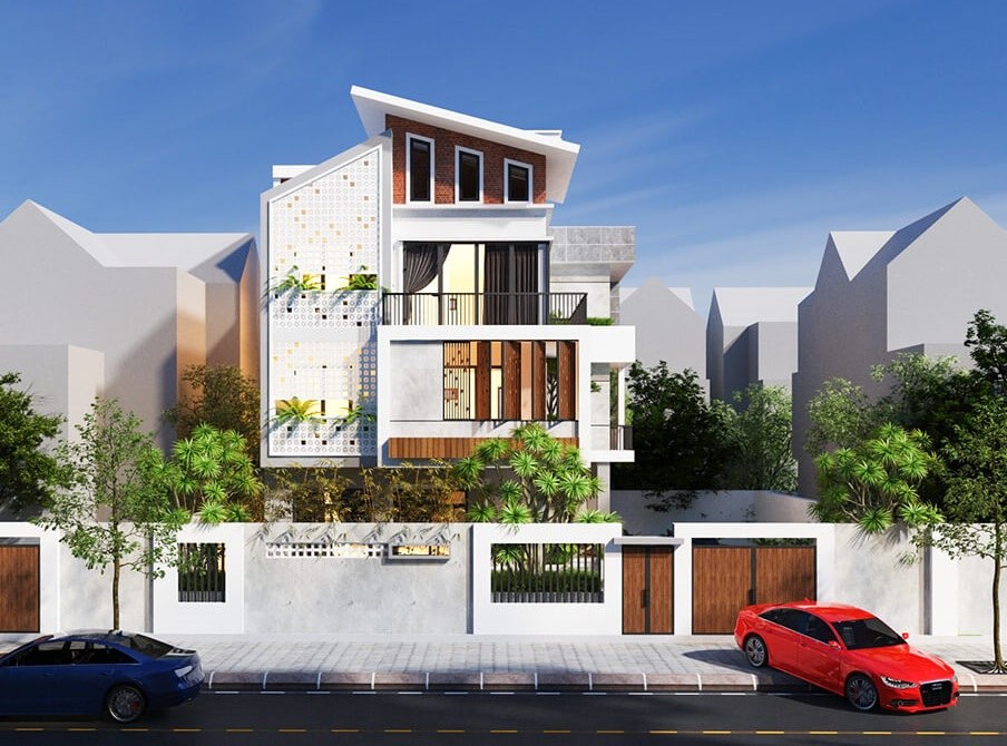 Mẫu 13: Nhà mái lệch thiết kế 3 tầng sang trọng, hiện đại
