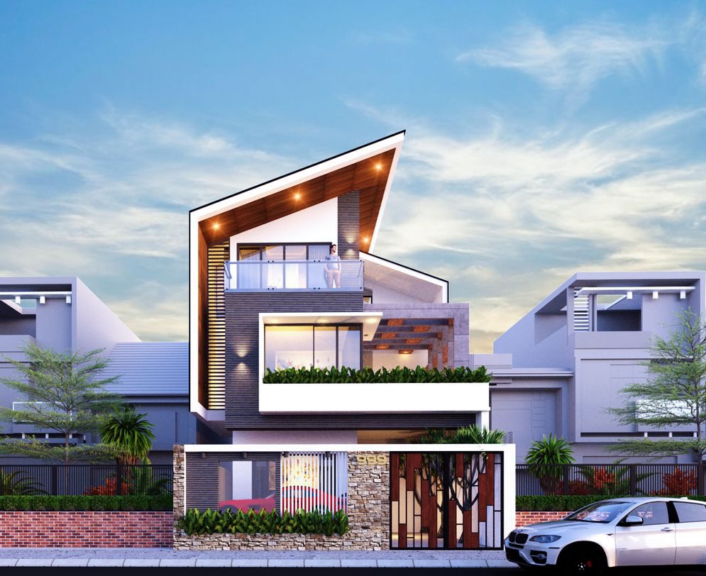 Mẫu 12: Nhà biệt thự mái lệch hiện đại sử dụng tôn chống nóng