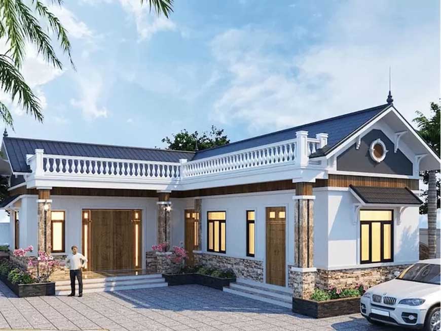 Phong cách biệt thự bán cổ điển thích hợp với kiểu mái tôn xanh coban