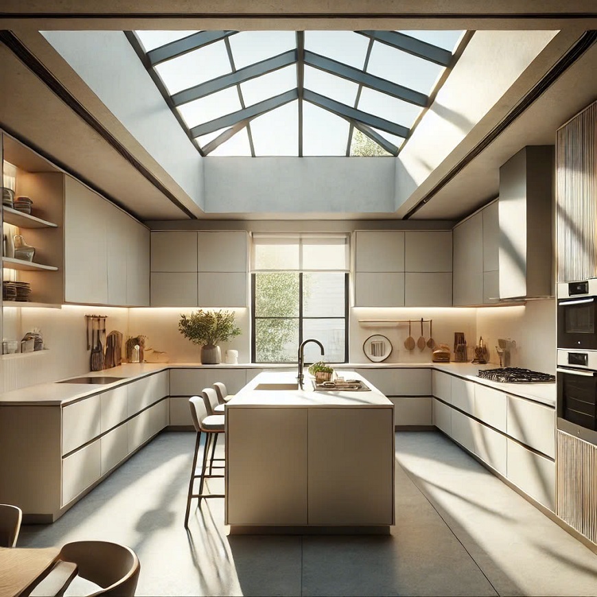 Phòng bếp hiện đại với giếng trời tạo ra không gian sống thoáng đãng và tràn đầy ánh sáng