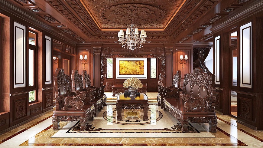 Màu sắc trong phong cách cổ điển thường là những gam màu ấm áp như vàng, đỏ đô, và nâu gỗ, giúp tạo cảm giác ấm cúng và đầy sự quý phái