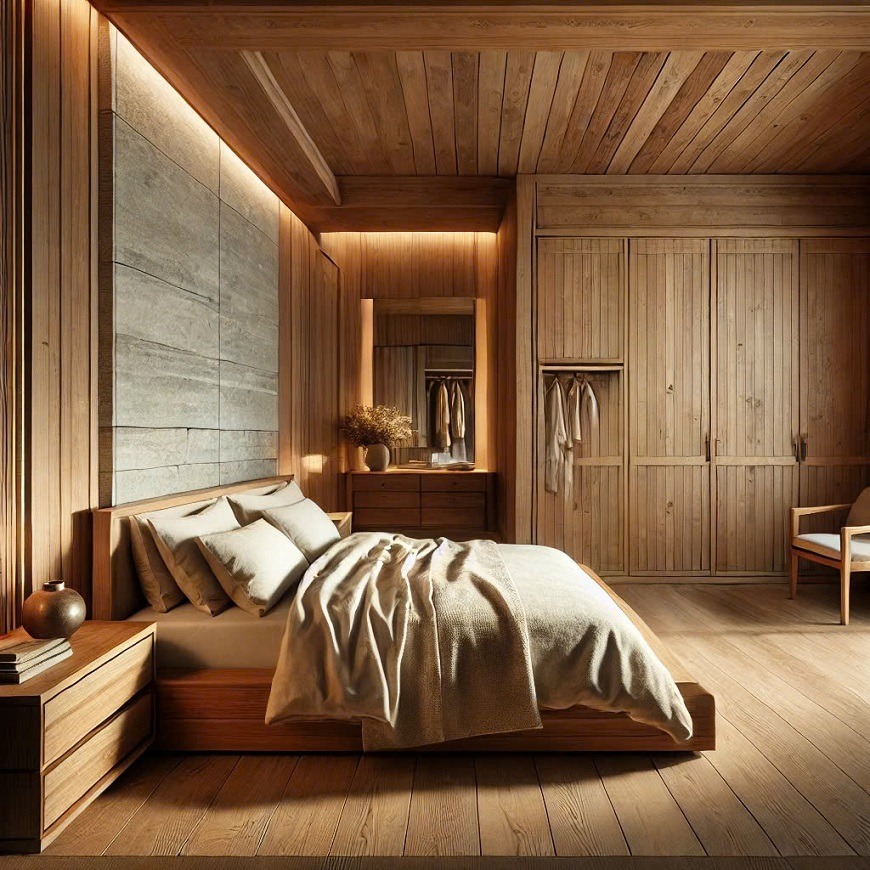 Phòng ngủ với sự kết hợp giữa gỗ và đá không chỉ tạo ra không gian sống động mà còn mang lại cảm giác gần gũi với thiên nhiên