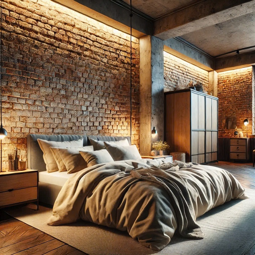 Phòng ngủ với tường ốp gạch thường tạo ra điểm nhấn thị giác mạnh mẽ, làm nổi bật không gian ngủ