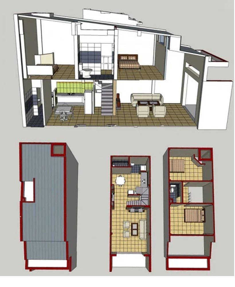 Bản vẽ chi tiết nhà ống cấp 4 mái tôn có gác lửng. Giá 400 triệu