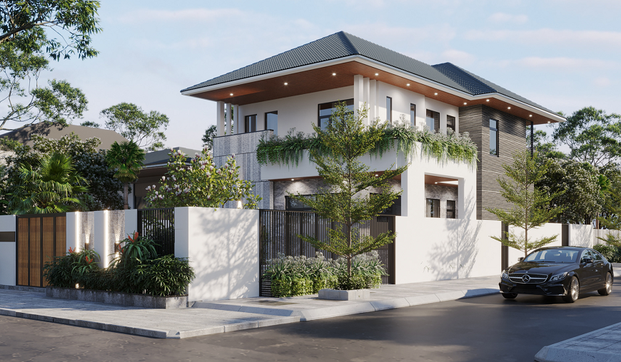 Mẫu nhà vuông 2 tầng mái tôn có sân vườn